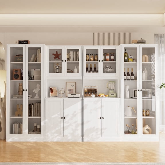 RichYa 4Pcs Pantry Storage Cabinet Set,China Glass Cabinets with Display Doors,Sideboard Hutch Buffet with Shelves for Dining Room,AACC(White)