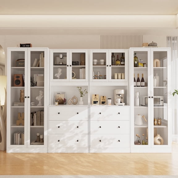 RichYa 4Pcs Pantry Storage Cabinet Set,Modular Furniture Cabinets with Display Glass Doors,Hutch Buffet Cabinet with Drawers for Dining Room,BBCC(White)
