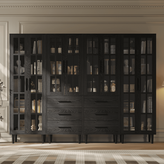 RichYa 4Pcs Pantry Storage Cabinet,Modular Furniture Cabinets with Drawers & Display Glass Doors for Kitchen,Dining Room,Black(AABB)