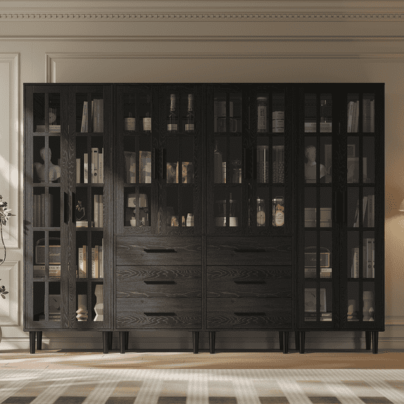 RichYa 4Pcs Pantry Storage Cabinet,Modular Furniture Cabinets with Drawers & Display Glass Doors for Kitchen,Dining Room,Black(AABB)