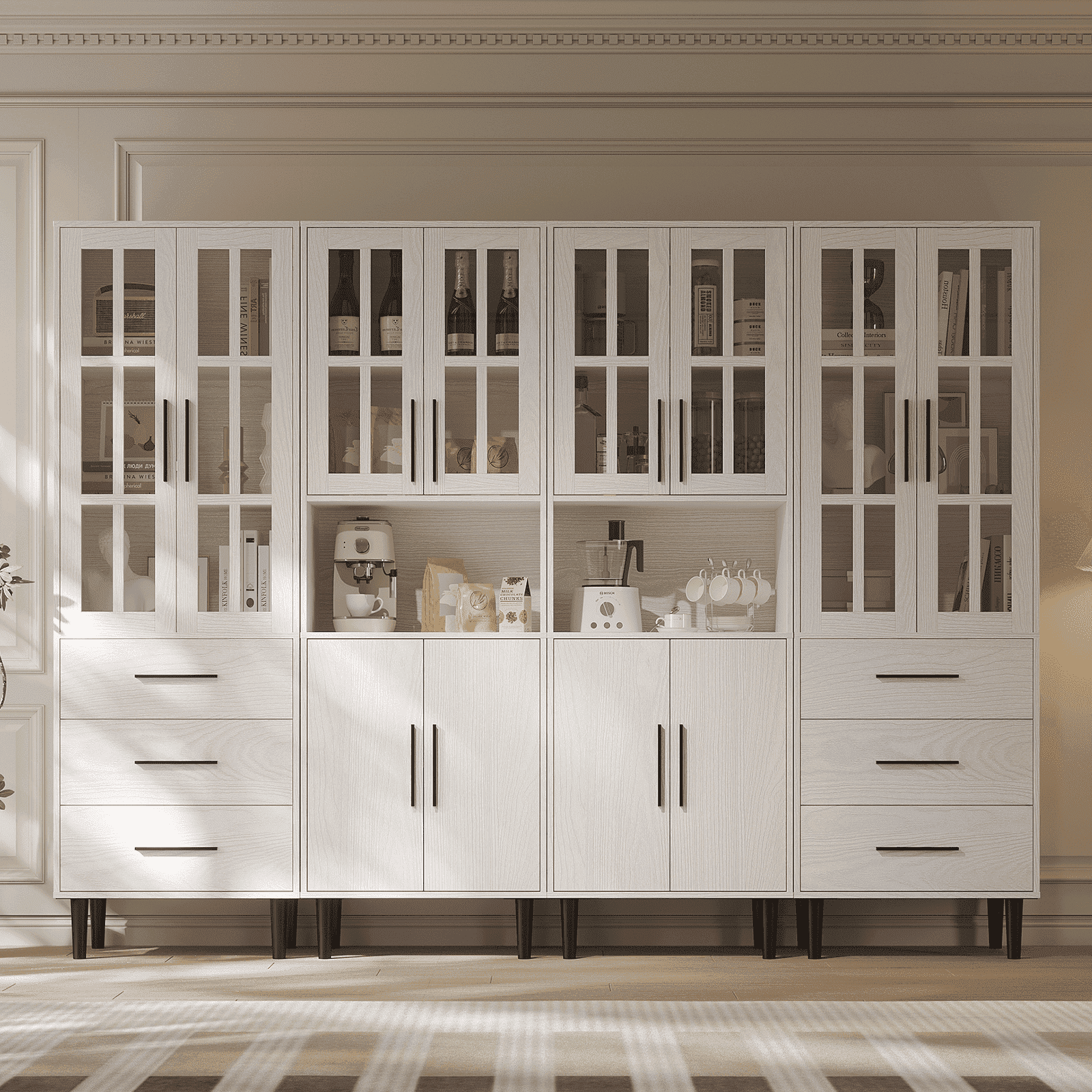 RichYa 4Pcs Pantry Storage Cabinet Set,Modern Sideboard Buffet Cabinets with Drawers & Display Glass Doors for Kitchen,Dining Room,White(BBCC)