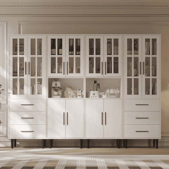 RichYa 4Pcs Pantry Storage Cabinet Set,Modern Sideboard Buffet Cabinets with Drawers & Display Glass Doors for Kitchen,Dining Room,White(BBCC)