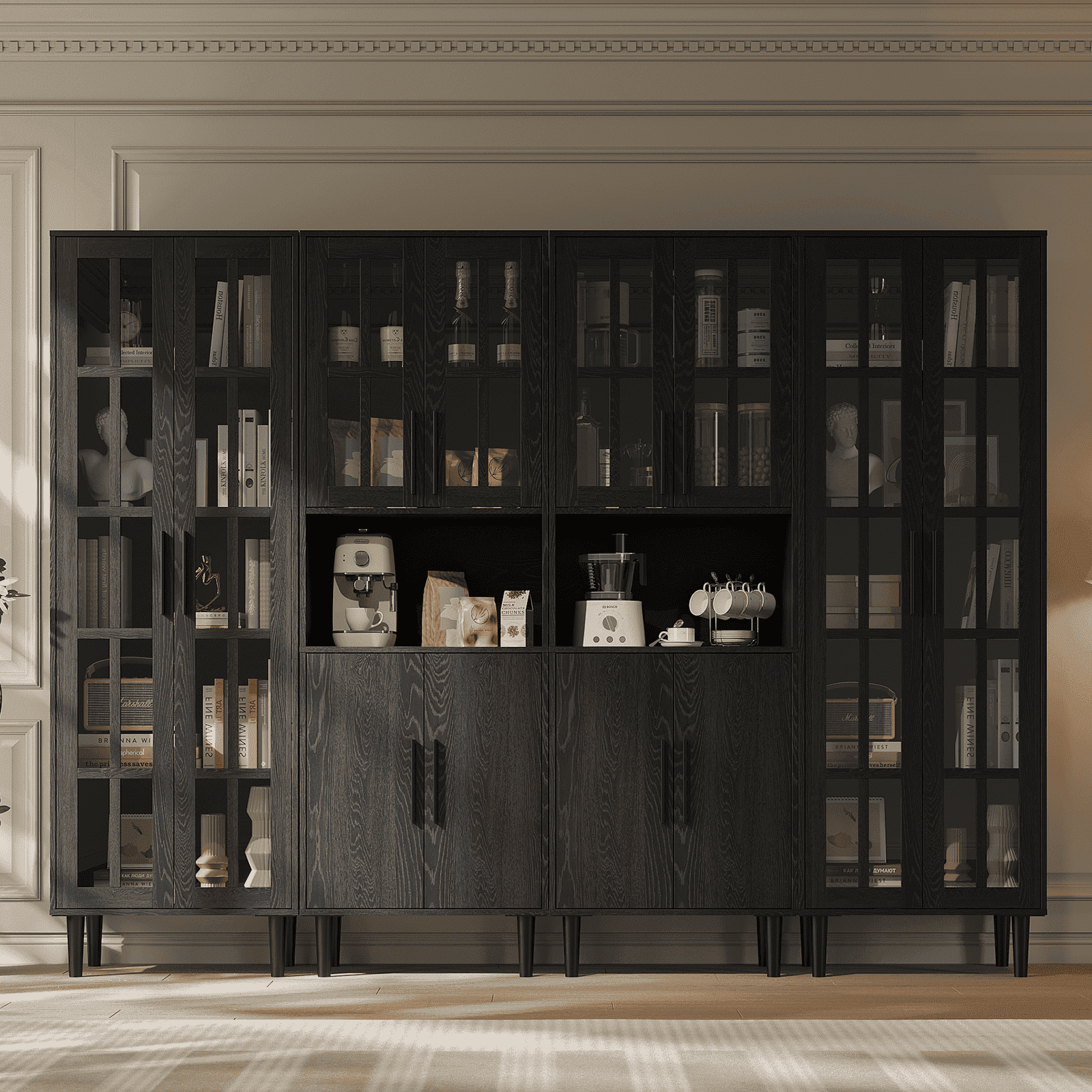 RichYa 4Pcs Pantry Storage Cabinet Set,Modern Sideboard Buffet Cabinets with Shelves & Display Glass Doors for Kitchen,Dining Room,Black(AACC)