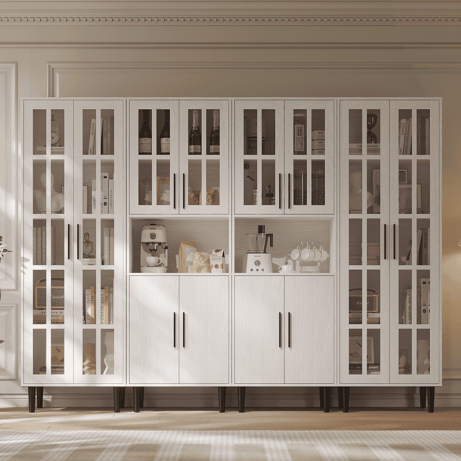 RichYa 4Pcs Pantry Storage Cabinet Set,Modern Sideboard Buffet Cabinets with Shelves & Display Glass Doors for Kitchen,Dining Room,White(AACC)