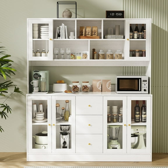 RichYa 59.1"W Large Kitchen Pantry Hutch Cabinet, Tall Coffee Bar Storage Cabinet with 6 Glass Doors, 3 Drawers & Microwave Shelf, Freestanding Cupboard with Large Countertop,White