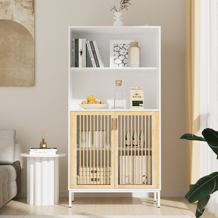 RichYa 61"H Tall Kitchen Pantry Cabinet with Ventilated Metal Grille Doors,Hutch Cabinets with Open Storage Shelves for Living Room,Bathroom,White