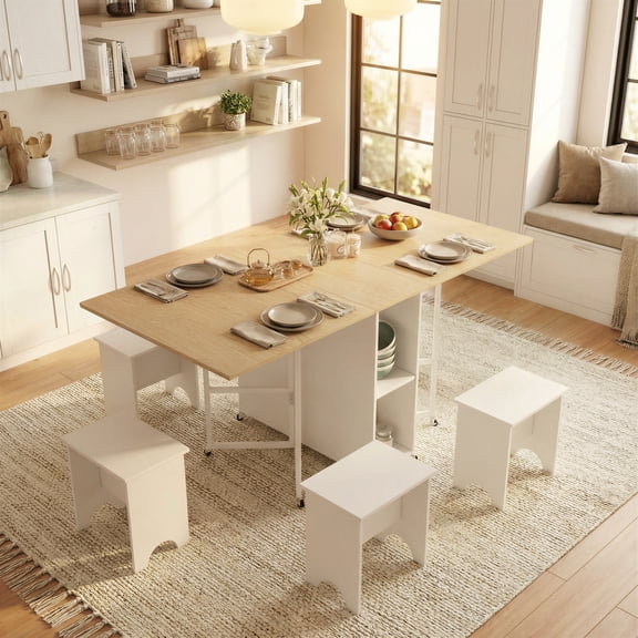 RichYa 63 Folding Dining Table Set for 4, Space Saving Drop Leaf Table with 4 Stools, Foldable Kitchen Table with Storage Shelves and 8 Wheels, for Small Spaces, 63" L29.5" W29.5" H, Wood White