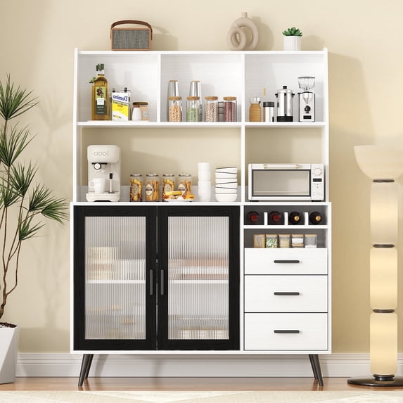 RichYa 63"H Kitchen Hutch Cabinet with Glass Door,Pantry Storage Cabinet with Wine Rack,Modern Sideboard Buffet Cabinet for Living Room,Dining Room,Black