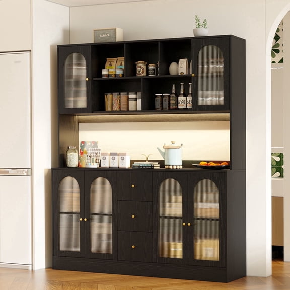 RichYa Kitchen Pantry with RGB LED Light,3 Drawers Hutch Storage Cabinet with Doors & Adjustable Shelves,Cupboard Buffet for Dining Room,Black