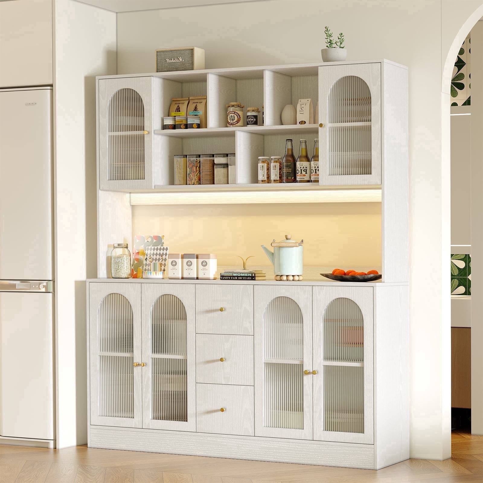 RichYa Kitchen Pantry with RGB LED Light,3 Drawers Hutch Storage Cabinet with Doors & Adjustable Shelves,Cupboard Buffet for Dining Room,White