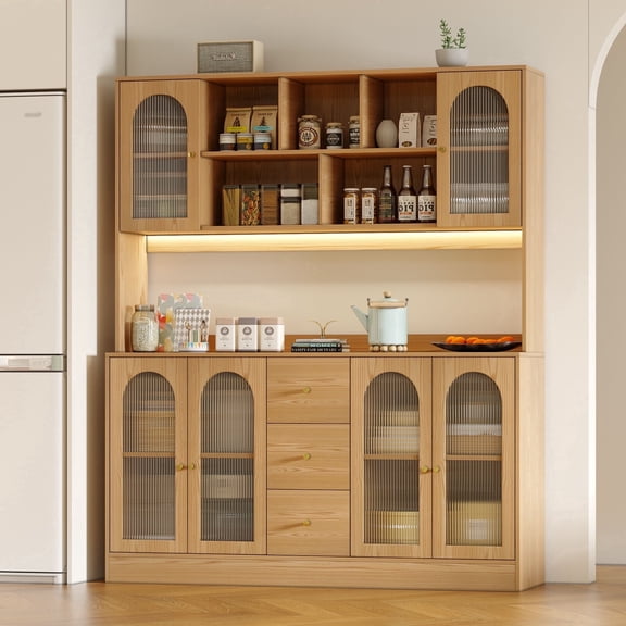 RichYa Kitchen Pantry with RGB LED Light,3 Drawers Hutch Storage Cabinet with Doors & Adjustable Shelves,Cupboard Buffet for Dining Room,Wood