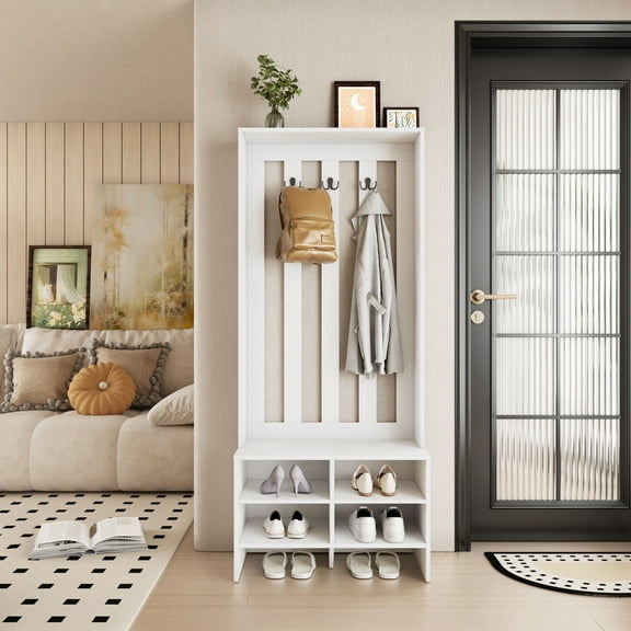 RichYa 65"H Hall Tree with Bench & Shoe Storage,Freestanding Coat Rack with Shoe Cabinets for Entryway, Living Room, White(A)