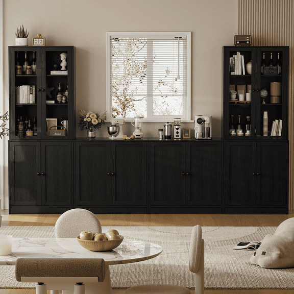 RichYa 4Pcs Kitchen Pantry Storage Cabinet,Modular Furniture Cabinets with Display Glass Doors,Hutch Buffet Cabinet with Shelves for Dining Room,Black