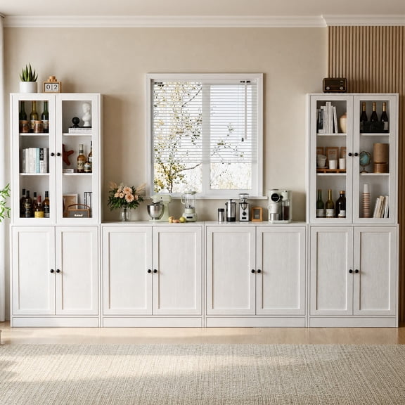 RichYa 4Pcs Kitchen Pantry Storage Cabinet,Modular Furniture Cabinets with Display Glass Doors,Hutch Buffet Cabinet with Shelves for Dining Room,White
