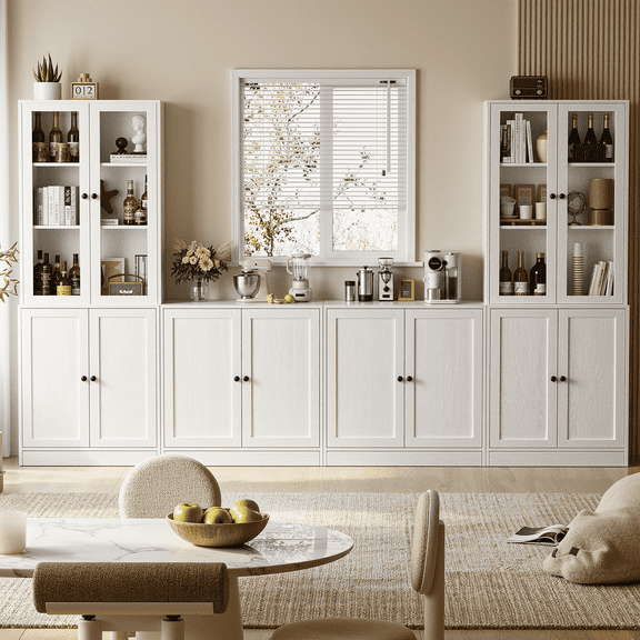 RichYa 4Pcs Kitchen Pantry Storage Cabinet,Modular Furniture Cabinets with Display Glass Doors,Hutch Buffet Cabinet with Shelves for Dining Room,White