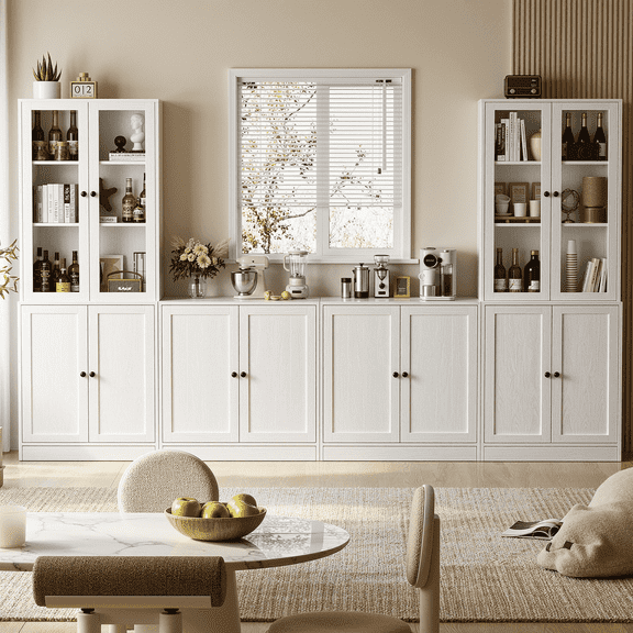 RichYa 4Pcs Kitchen Pantry Storage Cabinet,Modular Furniture Cabinets with Display Glass Doors,Hutch Buffet Cabinet with Shelves for Dining Room,White