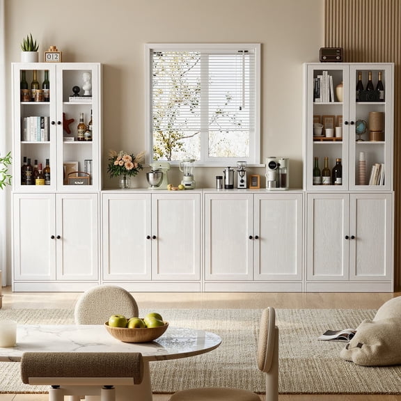 RichYa 4Pcs Kitchen Pantry Storage Cabinet,Modular Furniture Cabinets with Display Glass Doors,Hutch Buffet Cabinet with Shelves for Dining Room,White