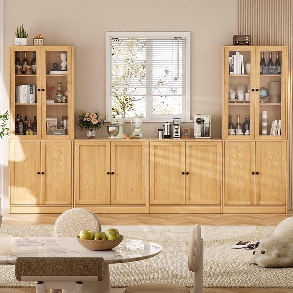 RichYa 4Pcs Kitchen Pantry Storage Cabinet,Modular Furniture Cabinets with Display Glass Doors,Hutch Buffet Cabinet with Shelves for Dining Room,Wood