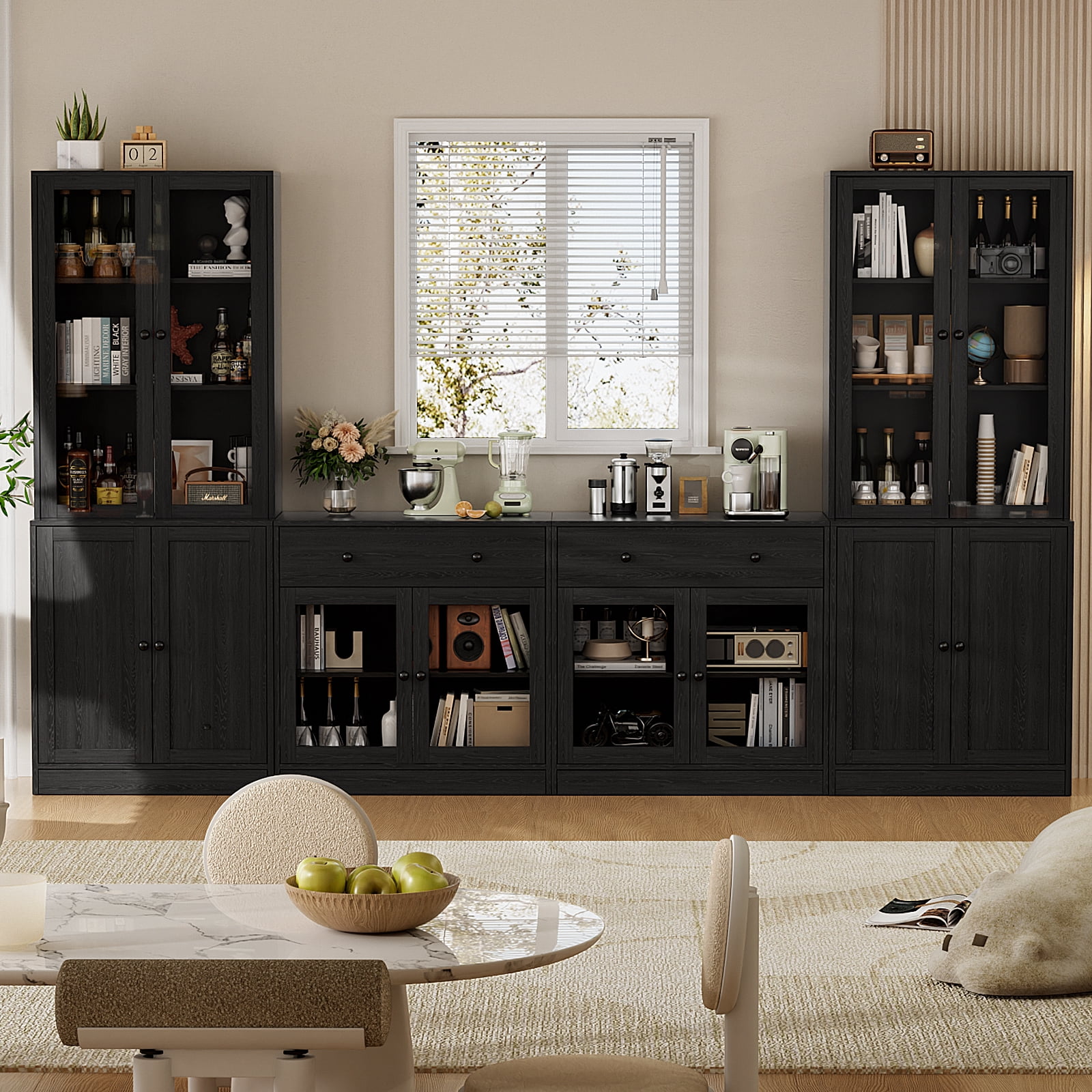 RichYa 4Pcs Kitchen Pantry Storage Cabinet,Modular Furniture Cabinets with Display Glass Doors,Hutch Buffet Cabinet with Drawers for Dining Room,Black
