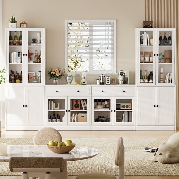RichYa 4Pcs Kitchen Pantry Storage Cabinet,Modular Furniture Cabinets with Display Glass Doors,Hutch Buffet Cabinet with Drawers for Dining Room,White