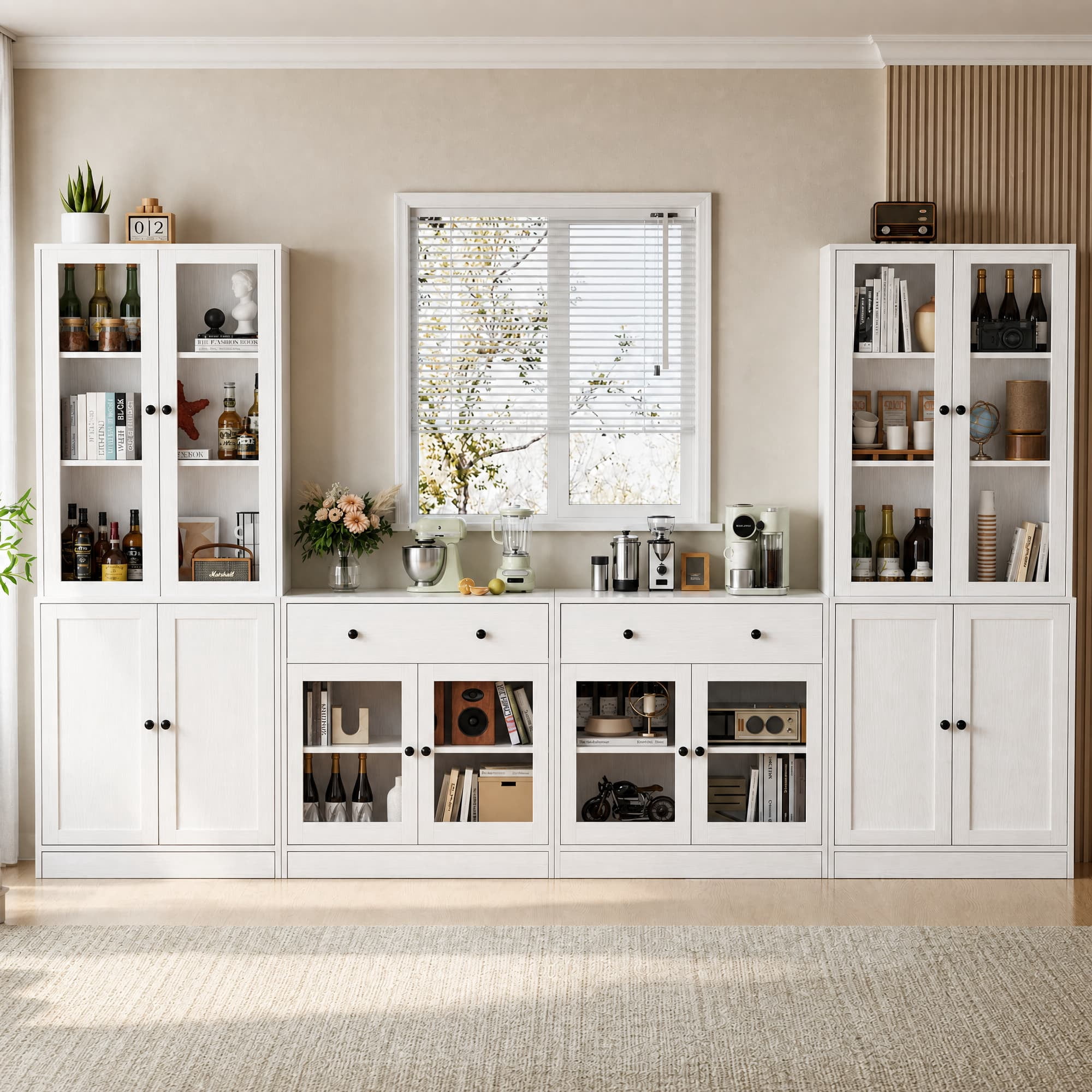 RichYa 4Pcs Kitchen Pantry Storage Cabinet,Modular Furniture Cabinets with Display Glass Doors,Hutch Buffet Cabinet with Drawers for Dining Room,White