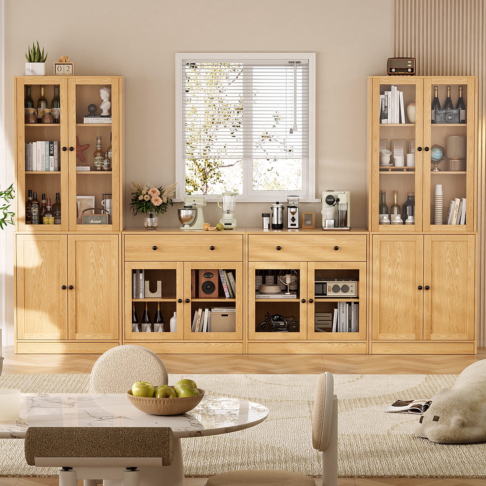 RichYa 4Pcs Kitchen Pantry Storage Cabinet,Modular Furniture Cabinets with Display Glass Doors,Hutch Buffet Cabinet with Drawers for Dining Room,Wood