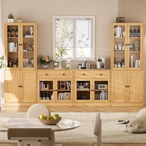 RichYa 4Pcs Kitchen Pantry Storage Cabinet,Modular Furniture Cabinets with Display Glass Doors,Hutch Buffet Cabinet with Drawers for Dining Room,Wood