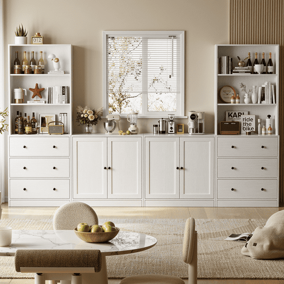 RichYa 4Pcs Kitchen Pantry Storage Cabinet Set,Modular Furniture Cabinets with Drawers,Hutch Buffet Cabinet with Doors for Dining Room,White