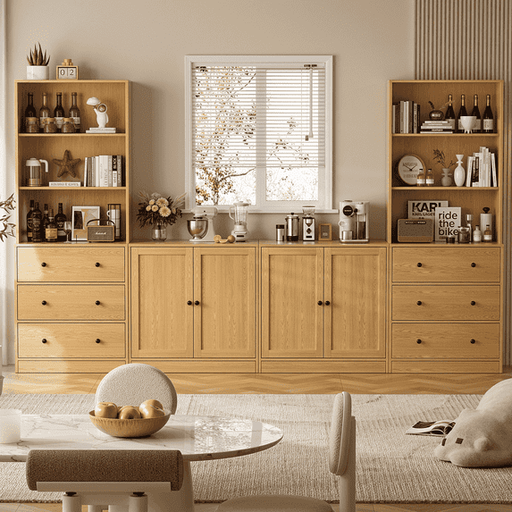 RichYa 4Pcs Kitchen Pantry Storage Cabinet Set,Modular Furniture Cabinets with Drawers,Hutch Buffet Cabinet with Doors for Dining Room,Wood