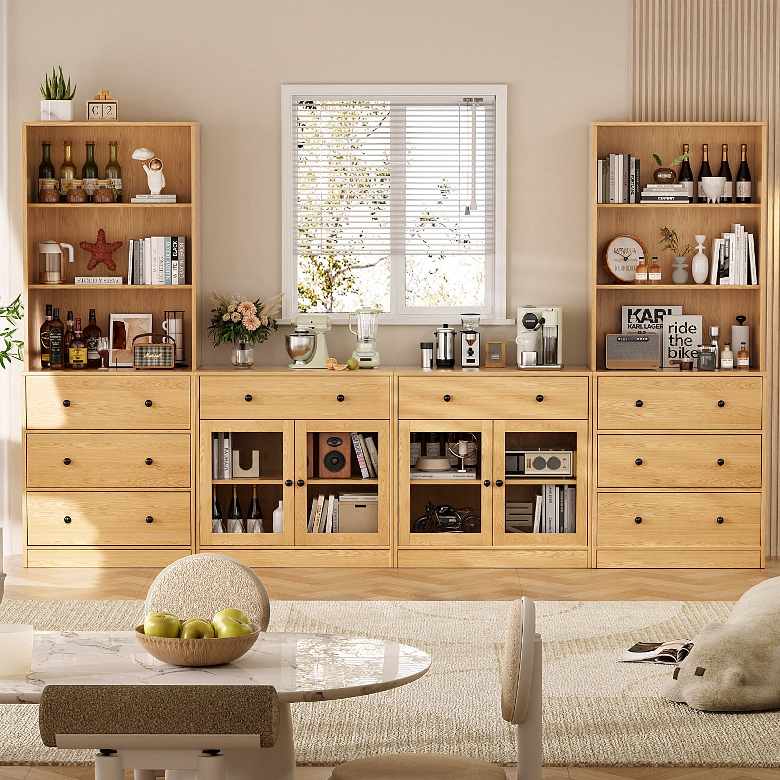 RichYa 4Pcs Kitchen Pantry Storage Cabinet,Modular Furniture Cabinets with Drawers,Hutch Buffet Cabinet with Display Glass Doors for Dining Room,Wood