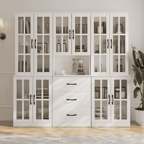 RichYa 3Pcs Grid Bookcases Set with Glass Doors,Tall Bookshelves with Storage Drawers,5-Tier Modular Cabinets for Living Room,White(BFB)