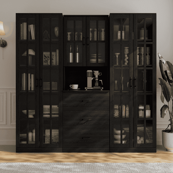 RichYa 3Pcs Grid Bookcases Set with Glass Doors,Tall Bookshelves with Storage Drawers,5-Tier Modular Cabinets for Home Office,Black(AFA)