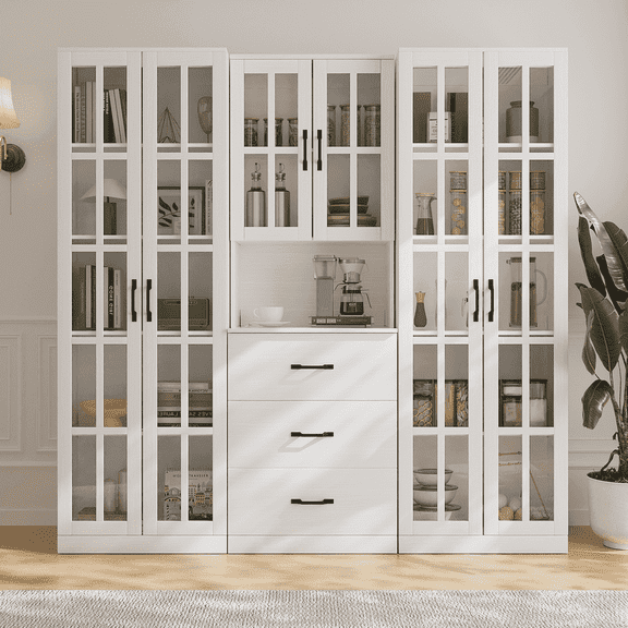 RichYa 3Pcs Grid Bookcases Set with Glass Doors,Tall Bookshelves with Storage Drawers,5-Tier Modular Cabinets for Home Office,White(AFA)