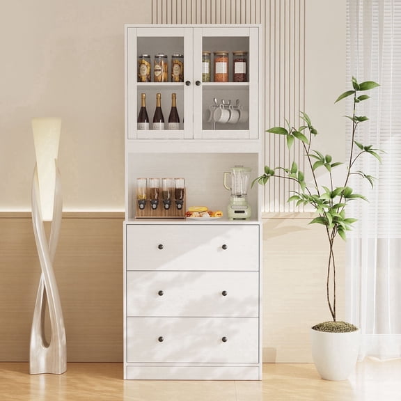 RichYa 71"H Kitchen Pantry Storage Cabinet,Hutch Cabinets with Drawers & Large Countertop,Coffee Bar for Living Room,B(White)
