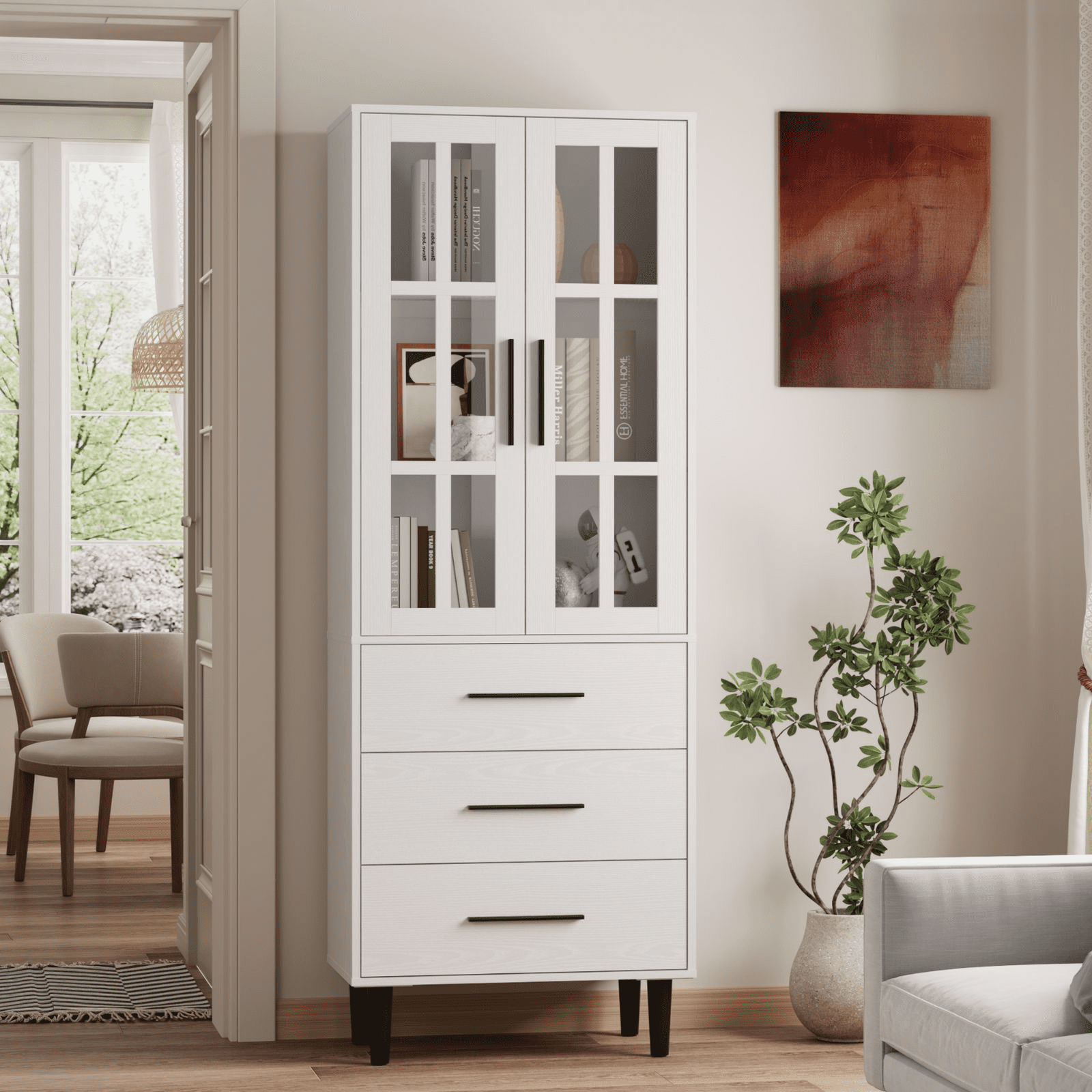 RichYa 71"H Tall Bookcase with Drawers,2 Doors Display Bookshelf with Metal Legs,6 Tier Storage Cabinets for Living Room,Home Office,White(B)