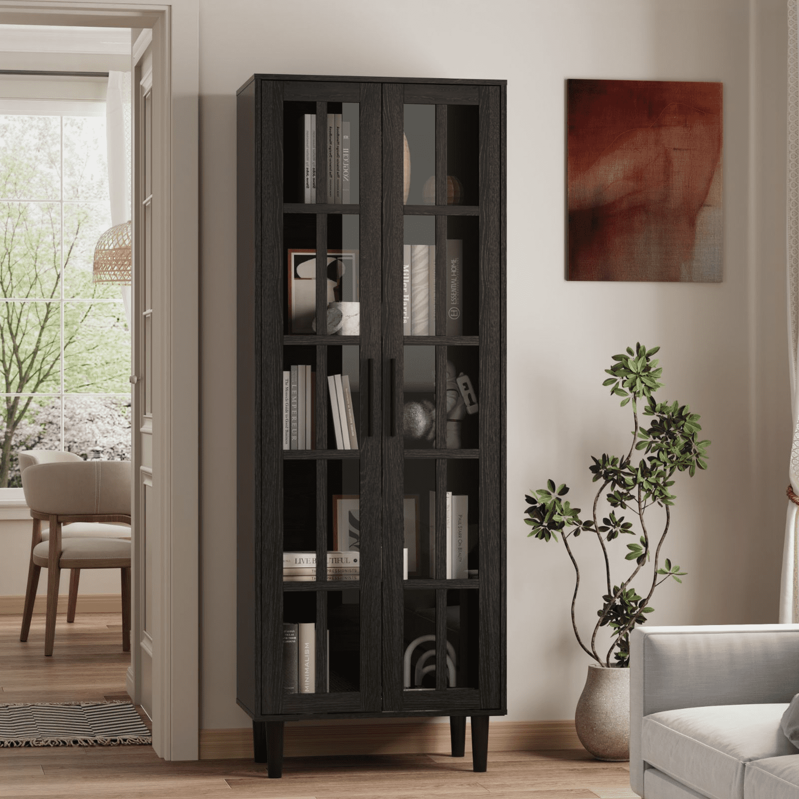 RichYa 71"H Tall Bookcase with Glass Door,2 Doors Display Bookshelf with Metal Legs,5 Tier Storage Cabinets for Living Room,Home Office,Black(A)