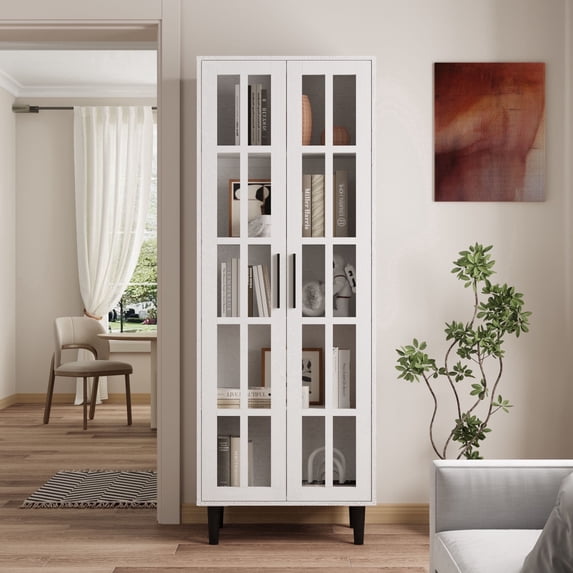 RichYa 71"H Tall Bookcase with Glass Door,2 Doors Display Bookshelf with Metal Legs,5 Tier Storage Cabinets for Living Room,Home Office,White(A)