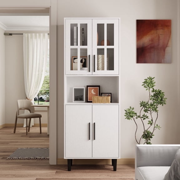 RichYa 71"H Tall Bookcase with Glass Door,4 Doors Display Bookshelf with Metal Legs,5 Tier Storage Cabinets for Living Room,Home Office,White(C)