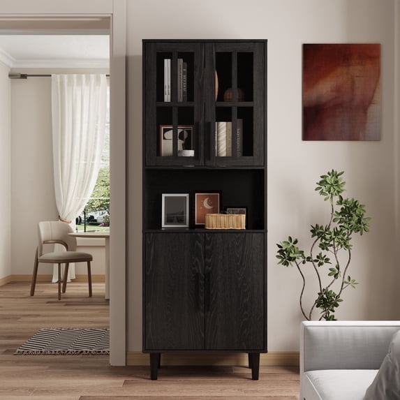 RichYa 71"H Tall Bookcase with Glass Door,4 Doors Display Bookshelf with Metal Legs,5 Tier Storage Cabinets for Living Room,Home Office,Black(C)