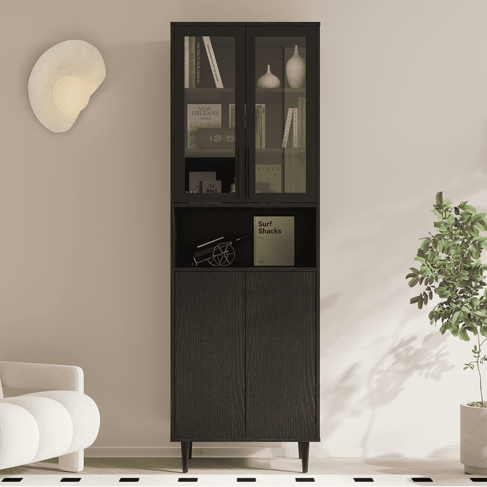 RichYa 71"H Tall Bookcase with Glass Door,4 Doors Display Bookshelf with Metal Legs,6 Tier Storage Cabinets for Living Room,Home Office,Black