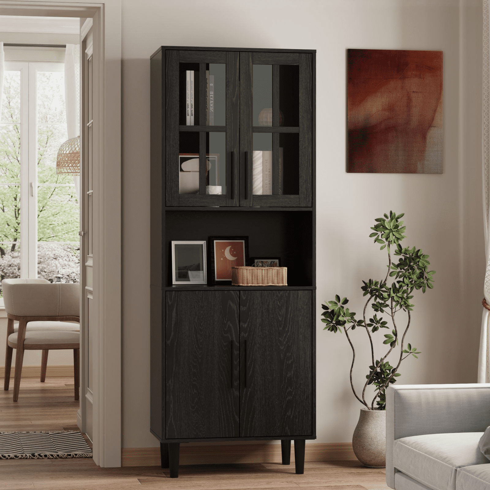 RichYa 71"H Tall Bookcase with Glass Door,4 Doors Display Bookshelf with Metal Legs,5 Tier Storage Cabinets for Living Room,Home Office,Black(C)