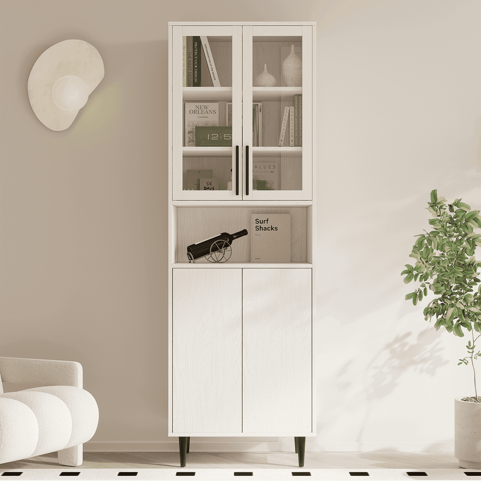 RichYa 71"H Tall Bookcase with Glass Door,4 Doors Display Bookshelf with Metal Legs,6 Tier Storage Cabinets for Living Room,Home Office,White