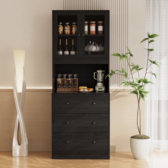 RichYa 71"H Kitchen Pantry Storage Cabinet,Hutch Cabinets with Drawers & Large Countertop,Coffee Bar for Living Room,B(Black)