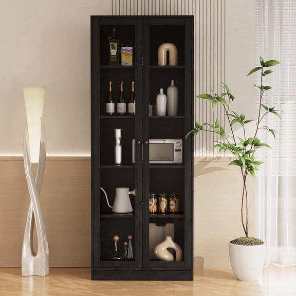 RichYa 71"H Display Cabinet with Glass Doors,5 Tier Kitchen Pantry Cabinet with Shelves for Dining Room,Living Room,C(Black)