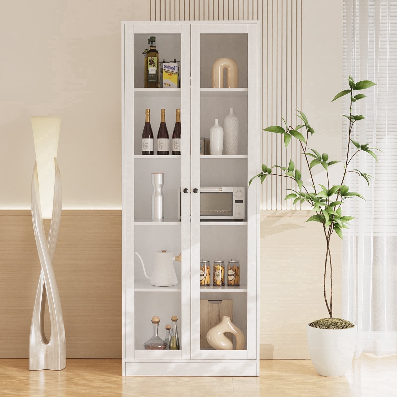 RichYa 71"H Display Cabinet with Glass Doors,5 Tier Kitchen Pantry Cabinet with Shelves for Dining Room,Living Room,C(White)