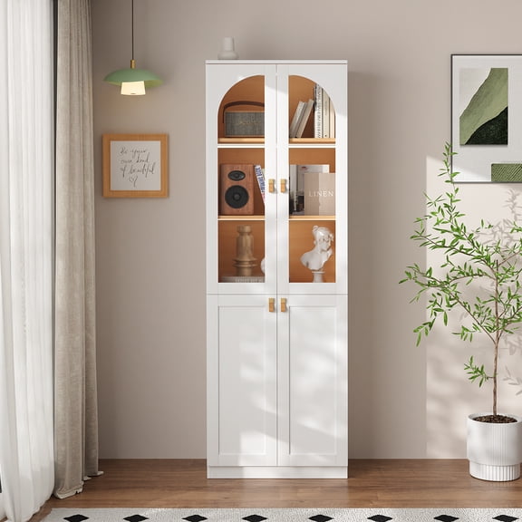 RichYa 71"H Tall Kitchen Pantry Cabinet with LED Light,2 Glass Doors Storage Cabinet,5 Tier Display Cabinets for Dining Living Room,White(B)