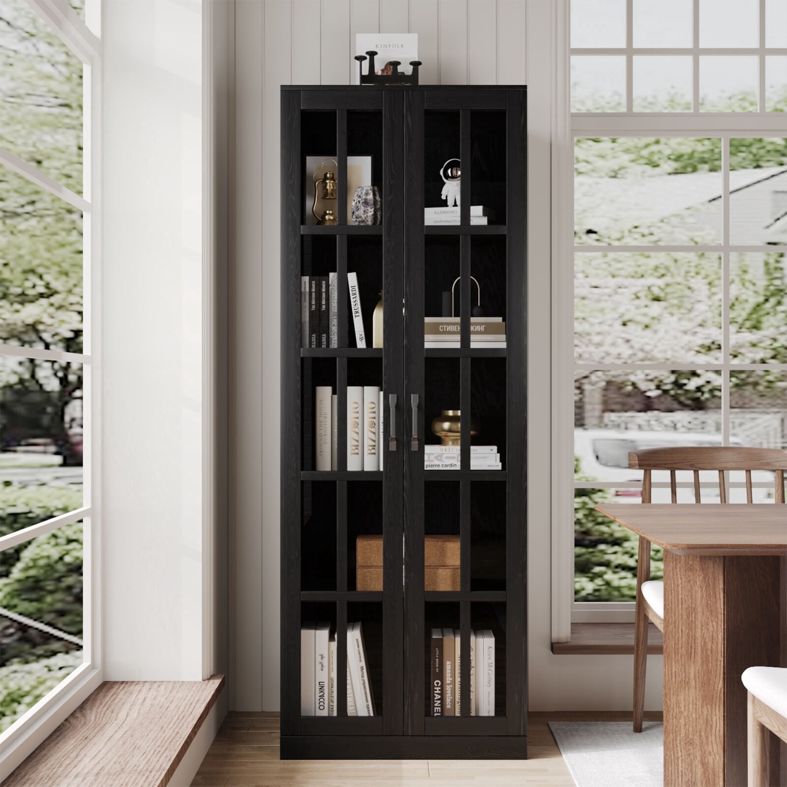 RichYa 71"H Tall Pantry Cabinet,Storage Cabinet with 2 Glass Doors and Shelves,5 Tier Display Cabinets for Living Room,Dining Room,Black(A)