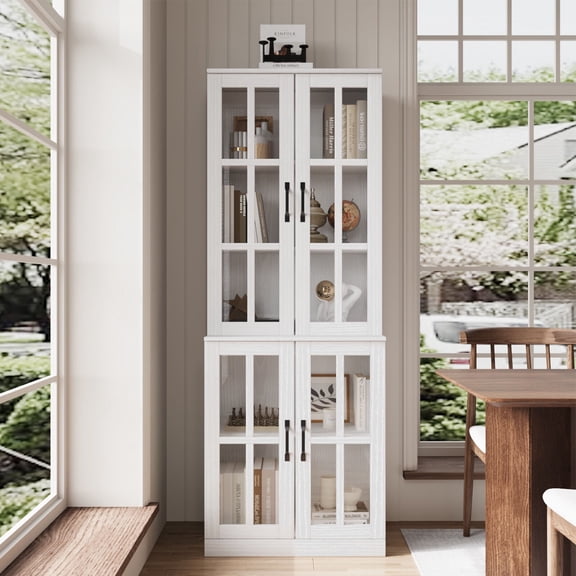 RichYa 71"H Tall Pantry Cabinet,Storage Cabinet with 4 Glass Doors and Shelves,5 Tier Display Cabinets for Living Room,Dining Room,White(B)