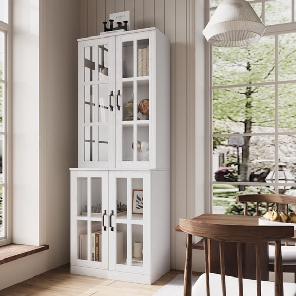 RichYa 71"H Tall Pantry Cabinet,Storage Cabinet with 4 Glass Doors and Shelves,5 Tier Display Cabinets for Living Room,Dining Room,White(B)