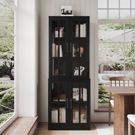 RichYa 71"H Tall Pantry Cabinet,Storage Cabinet with 4 Glass Doors and Shelves,5 Tier Display Cabinets for Living Room,Dining Room,Black(B)